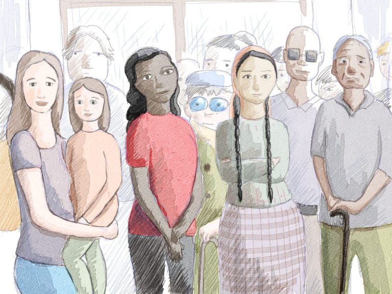 Illustration of a diverse group of people standing together, some holding children and using canes.